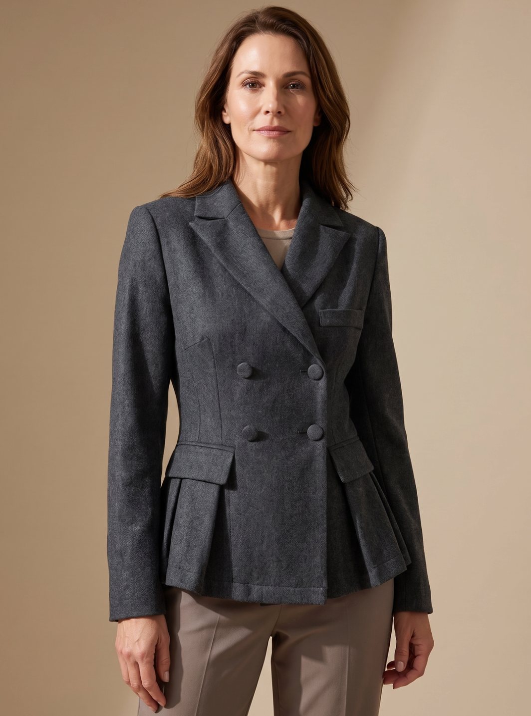Blazer entallado de mujer con bajo peplum visto de frente