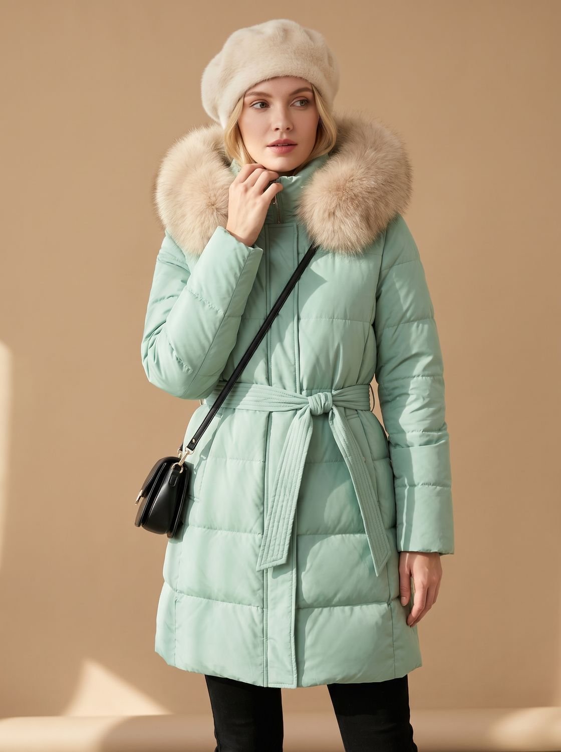 Parka larga en color marrón sobre fondo nevado