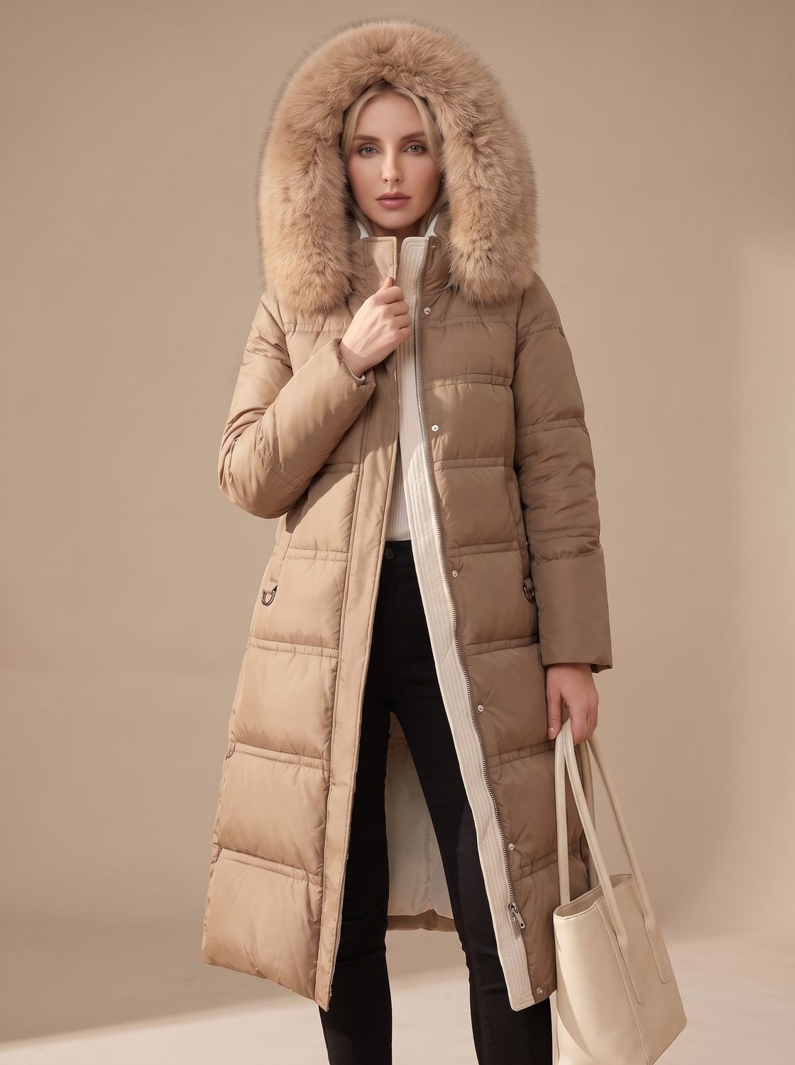 Parka acolchada larga para mujer vista de frente