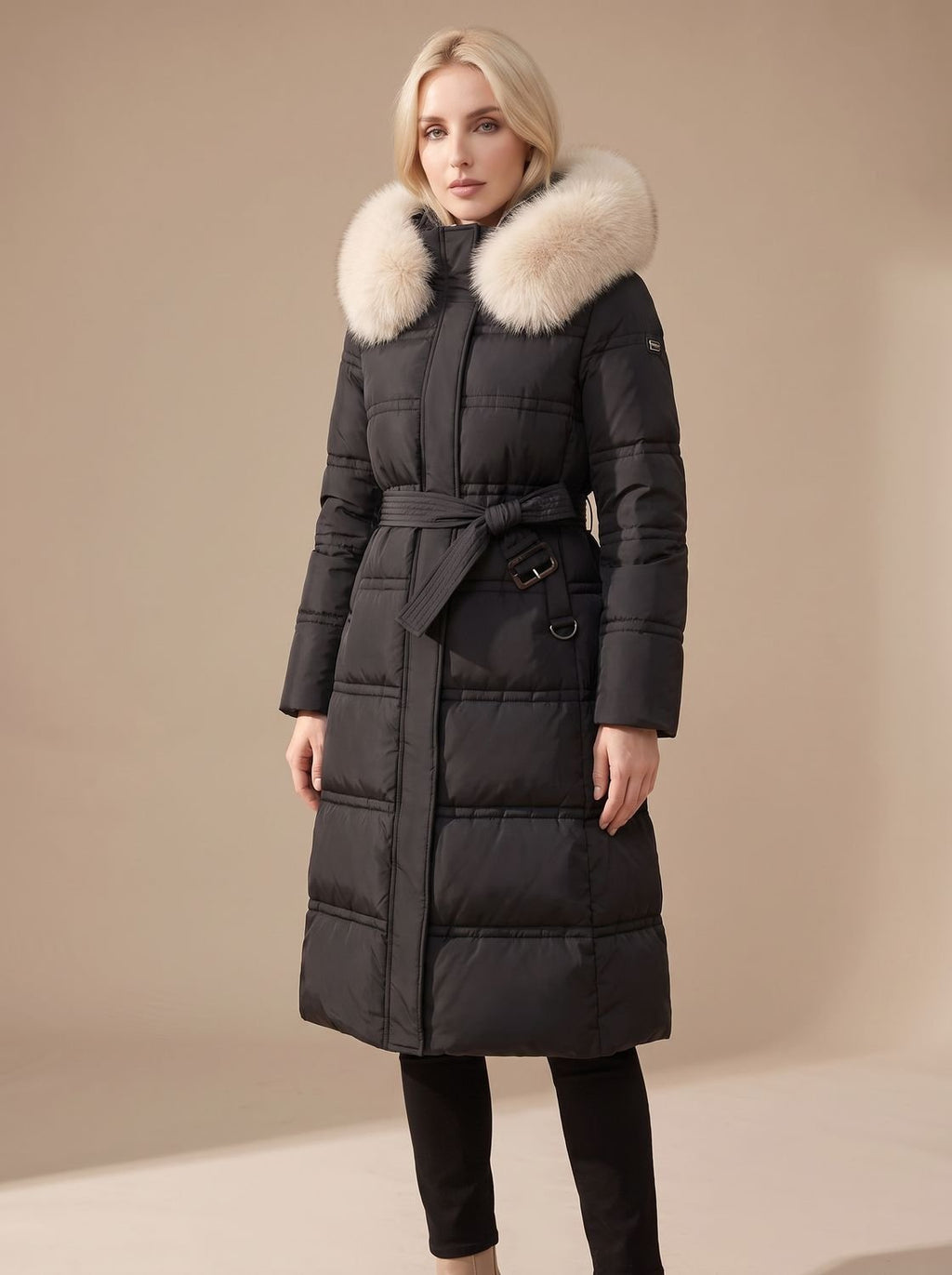 Parka larga en color azul combinada con botas de invierno