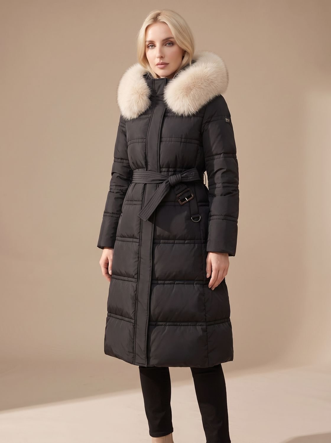 Parka larga en color azul combinada con botas de invierno