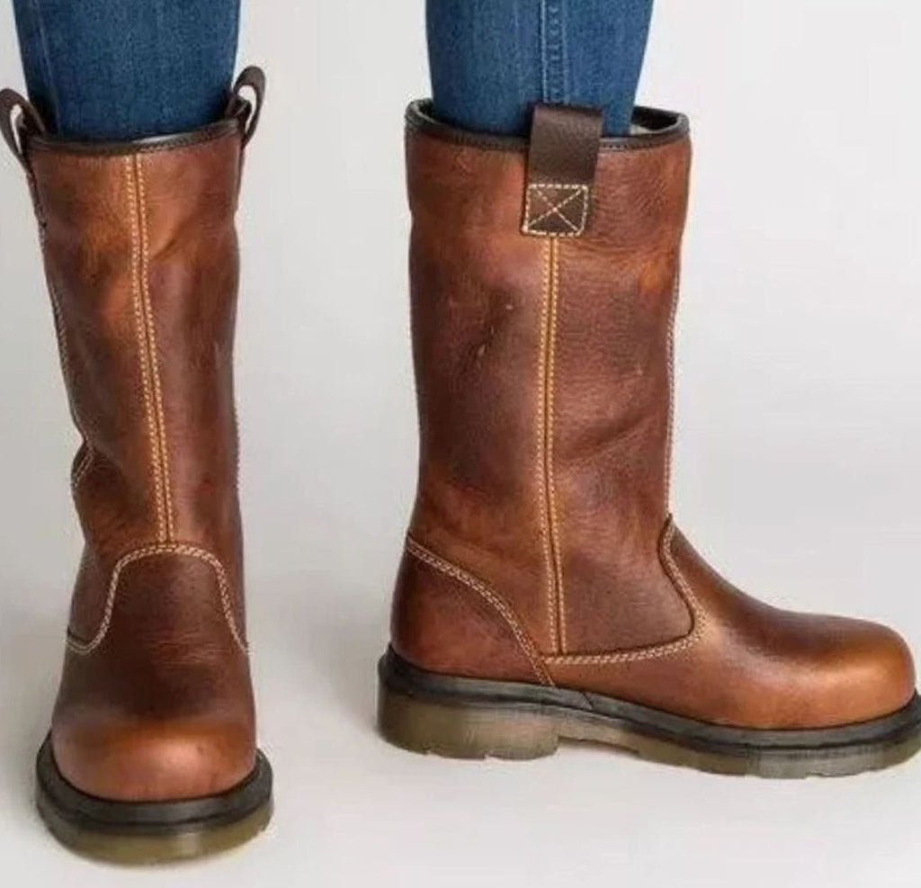 Botas de piel forradas de caña media para mujer, color marrón, con puntera redonda y pespuntes de contraste