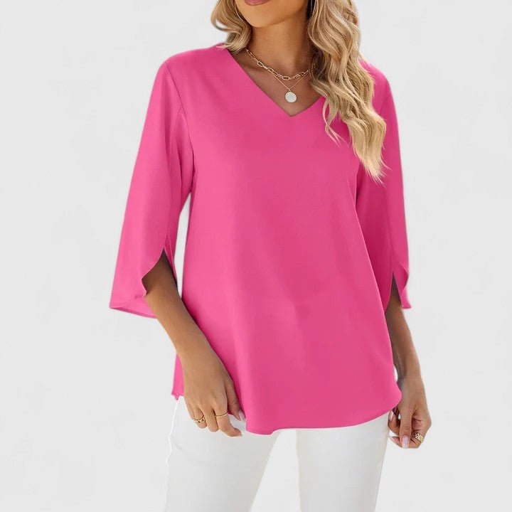 CARLA – Blusa de gasa con escote en V y volantes para mujer