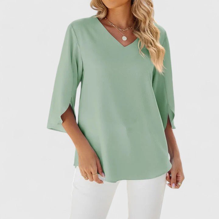 CARLA – Blusa de gasa con escote en V y volantes para mujer